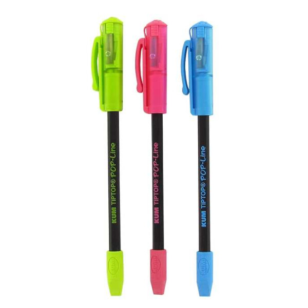 Bleistift mit aufsteckbarem Radiergummi und Anspitzer mit Auffangbehälter