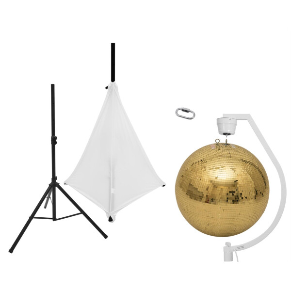 Eurolite Set Spiegelkugel 50cm gold mit Stativ und Segel weiß