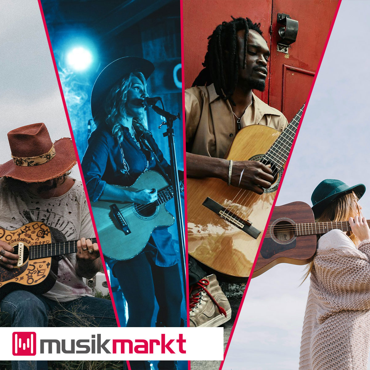 Gitarristen und Gitarristinnen mit verschiedenen Westerngitarren-Formen.