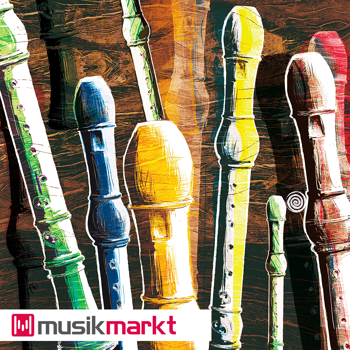 Many recorders in different sizes and colors.