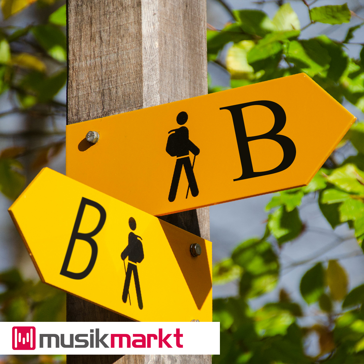 Orange signpost pointing in two different directions. A hiker and a B are shown in both directions.